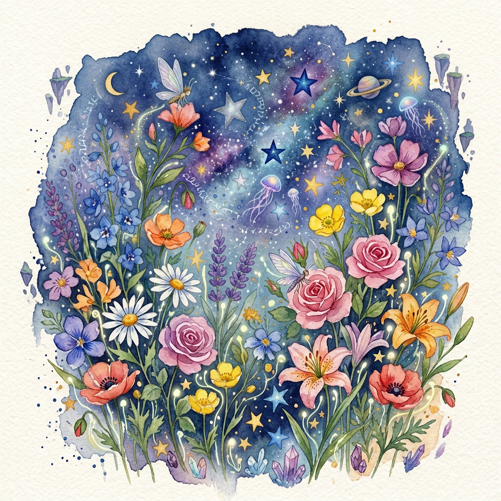 Watercolor flowers and stars arranged against a colorful night sky