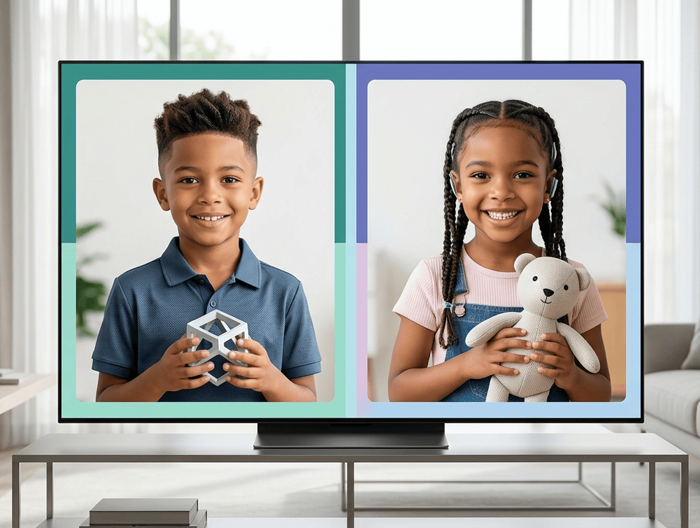 Television screen showing two smiling children holding a geometric toy and teddy bear