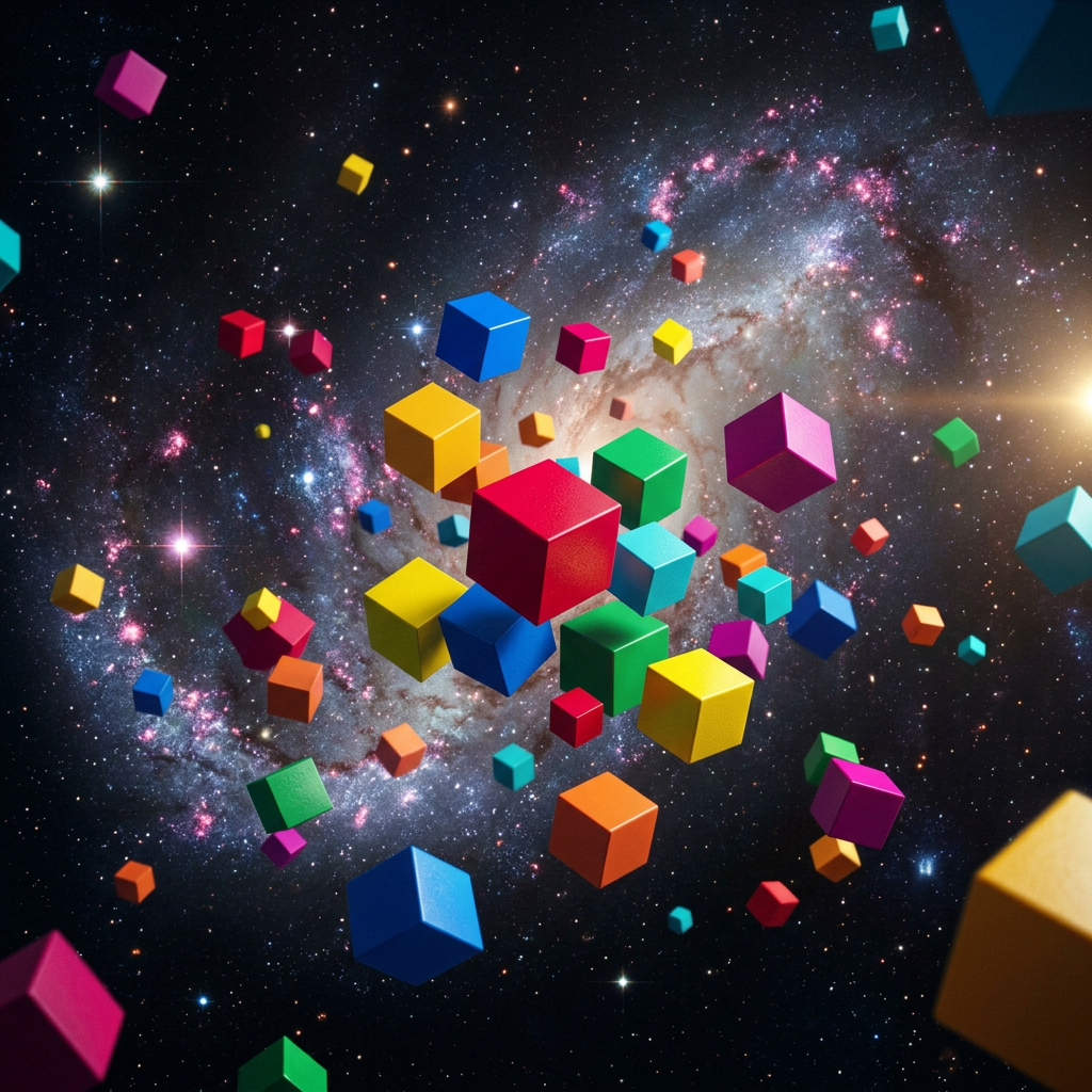 Colorful cubes floating against a luminous spiral galaxy and star-filled space