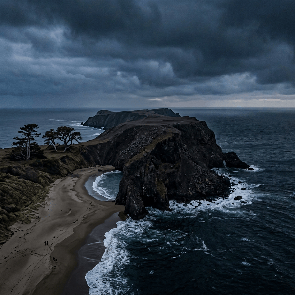 Jagged rocky island surrounded by rough ocean beneath storm clouds