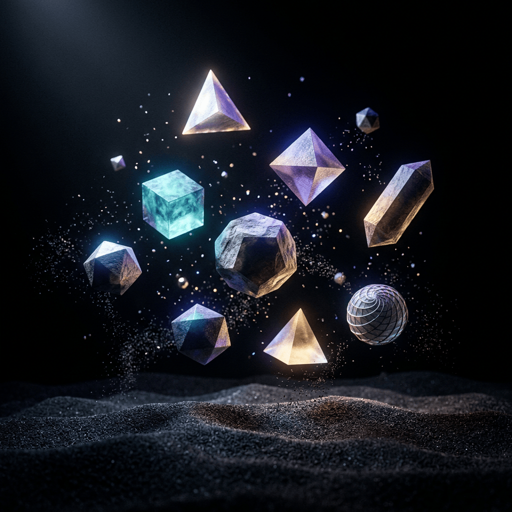Glowing geometric shapes floating above a dark textured landscape