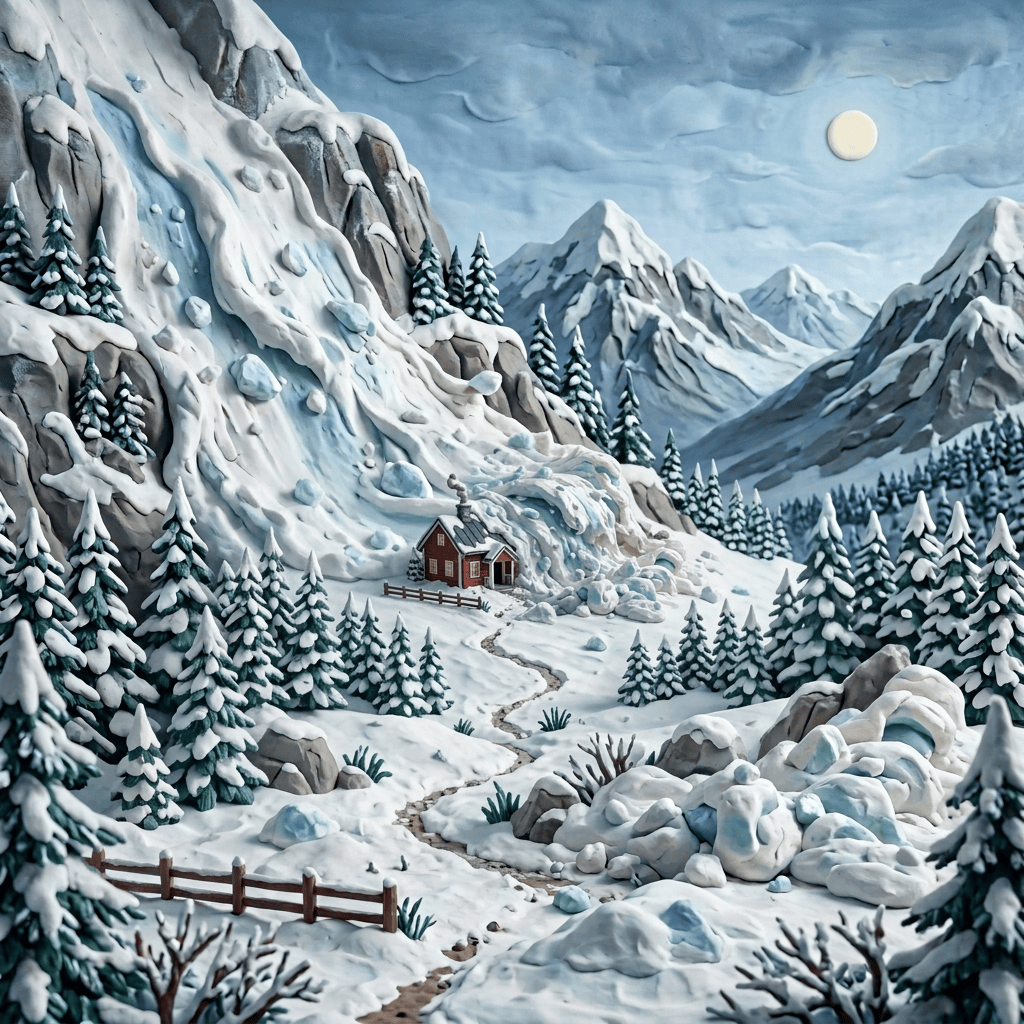 Red cabin labeled Finlandia beneath snowy mountains and cascading avalanche