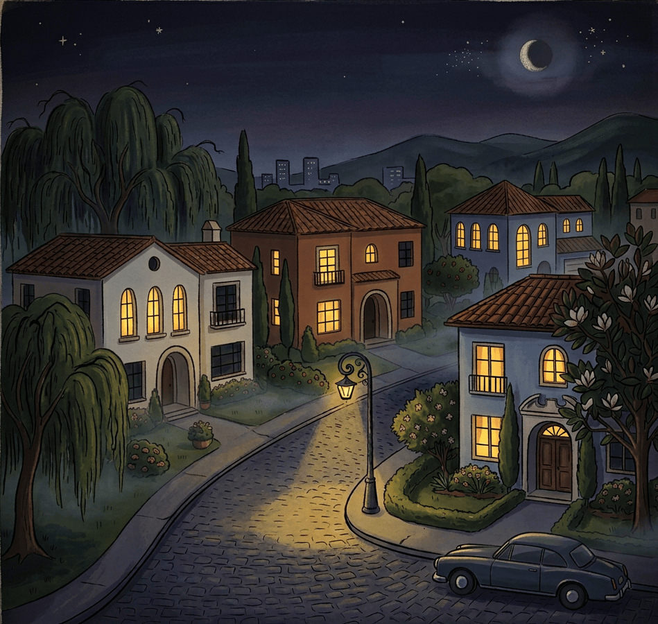 Illustrated neighborhood at night with text “BARRIO DEL SOL - NOCHE DE PAZ”